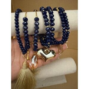 Handmade Royal Blue Crystal Beaded Bracelet Stack Set of 7 with Charms